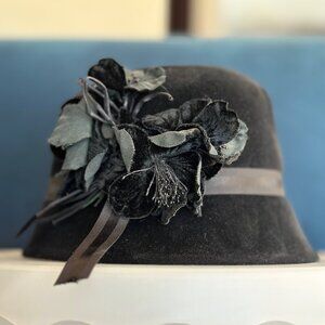 Black Velour felted black hat with black flowers